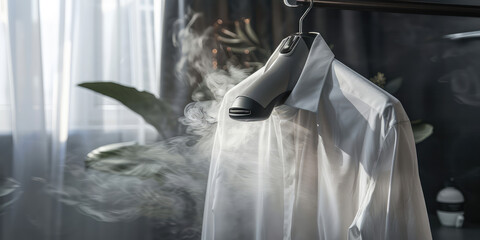 Water hot steam from a steam generator to smooth clothes and fabric. Compact and convenient appliance for clothes care.