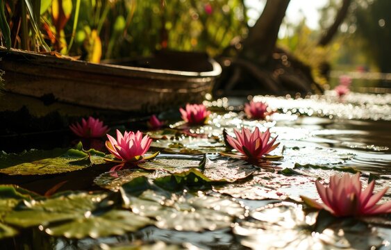 Boat, stream, water lotus, sunny days,