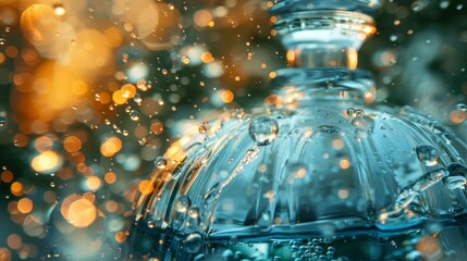 Water droplets cling to the surface of a perfume bottle, enhancing its curves and contours, set against a backdrop of glistening bokeh lights.