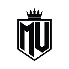 MV Logo monogram bold shield geometric shape with crown outline black and white style design