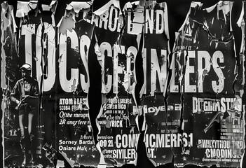 A black and white collage of torn paper posters, creating an abstract urban background with a vintage feel.