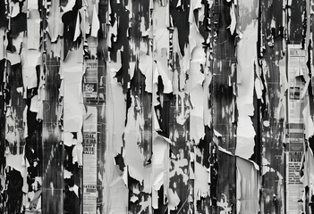 A black and white collage of torn paper posters, creating an abstract urban background with a...