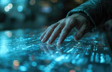 Touch hand open innovation. Hologram radial digital hud interfaces were futuristic. blue and orange colour, close up finger