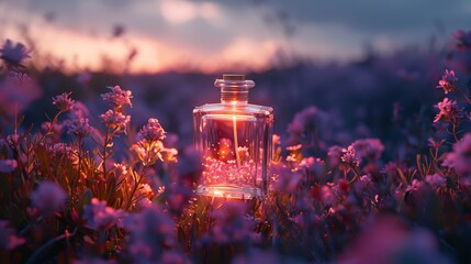 A captivating perfume bottle glows among a field of wildflowers, with the enchanting light of dusk setting the scene aglow.