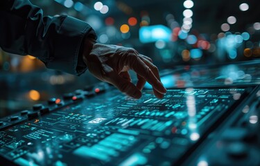 Touch hand open innovation. Hologram radial digital hud interfaces were futuristic. blue and orange colour, close up finger