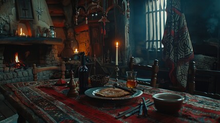 a table with a plate of food on it in a room with a fire place and a fireplace in the background.