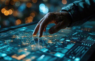 Touch hand open innovation. Hologram radial digital hud interfaces were futuristic. blue and orange colour, close up finger