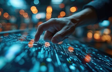 Touch hand open innovation. Hologram radial digital hud interfaces were futuristic. blue and orange colour, close up finger