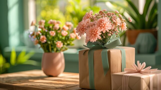 Craft paper gift boxes tied with ribbons alongside fresh pink flowers on a wooden table, illuminated by warm sunlight.