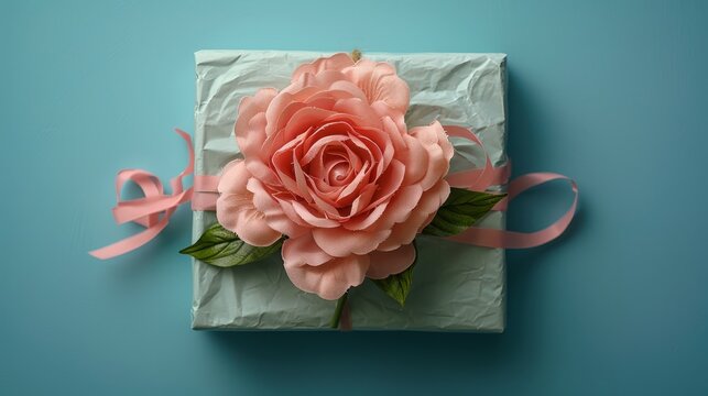 A beautifully wrapped gift in silver paper, adorned with a large artificial pink rose and satin ribbon on a teal background.