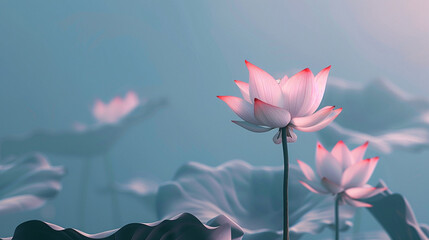 pink lotus flower with blurred blue background, minimal single flower - Powered by Adobe