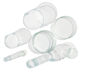 Petri dish, gel, flask, crystallization bowl. Test tubes, Laboratory. View from above. Medicine, gel texture, white, pipette, samples, research. Material collection. n a Empty background.