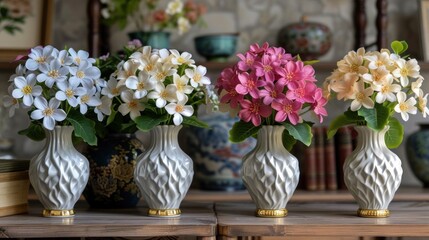 a group of three vases filled with flowers on top of a wooden table next to a bookshelf.
