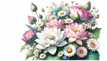 Obraz premium Watercolor illustration of Sacred Lotus and wildflower