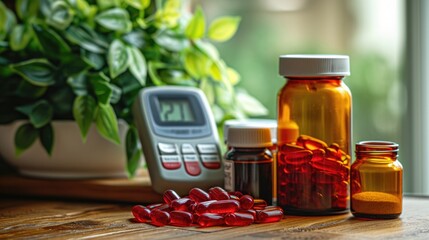 Diabetes Care, Licorice Root Extract with Glucose Meter in the Background, Emphasis on Blood Sugar Regulation.