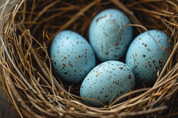 Fototapeta na wymiar Close-up of speckled Easter eggs in a warm, sunlit nest, evoking the cozy essence of spring..