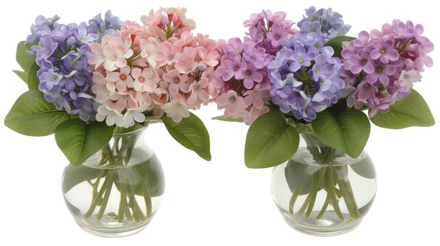 a couple of vases filled with flowers on top of a white surface and one vase filled with pink and purple flowers.