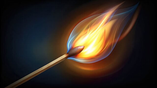 a matchstick ignites, its flame vividly illuminating the dark background