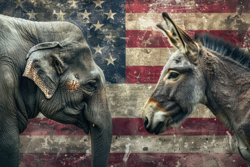 An elephant and donkey against an American flag. symbol of Republican and Democrat political party - obrazy, fototapety, plakaty