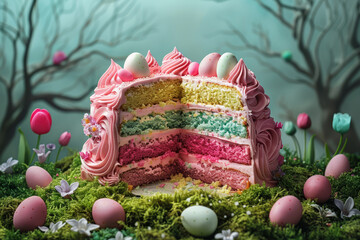A whimsical Easter cake with vibrant layers sits amidst a fantasy spring landscape with eggs and...