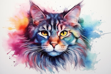 watercolor painting the portrait of cute Maine Coon cat with colorful colors, decorated with floral, isolate on clean white background