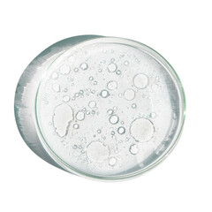 Petri dish. Petri's cup with liquid. Chemical elements, oil, cosmetics. Gel, water, molecules, viruses. Close-up. On a Empty background.