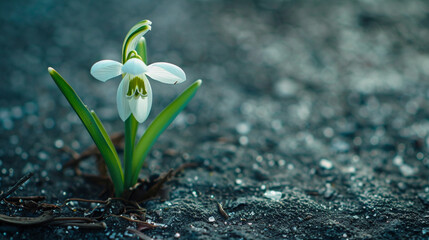 single snowdrop on the soil, spring is coming