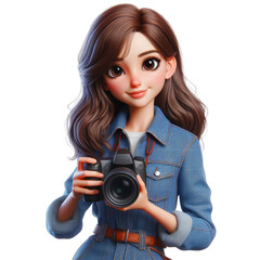 A young girl in denim, holding a black SLR camera with both hands in front of her, preparing to take a picture. White background. AI, generation - obrazy, fototapety, plakaty