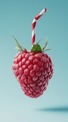 A surreal depiction of a ripe raspberry with a red and white striped straw inserted, set against a pastel blue background. Minimal summer refreshment concept.