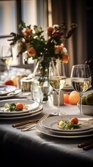 Table setting with flowers and decor in light colors, rays of sunlight falling on a table with light dishes and tablecloth