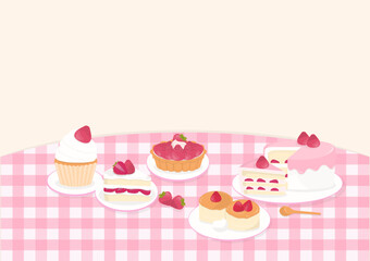 Strawberry cake with plaid pattern on cream background