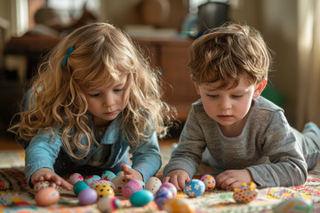 Naklejka premium Focused child creatively decorating Easter eggs with colorful patterns at a home setting..