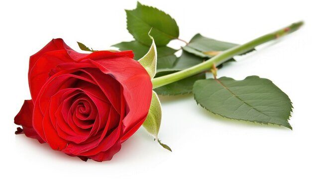 a single red rose sitting on top of a white table next to a green leafy stem and a single red rose on top of a white table.