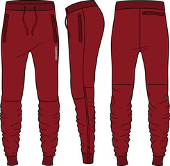 Jogger track bottom Pants design flat sketch vector illustration, Track pants concept with front, back and side view, Sweatpants for running, jogging, fitness, and active wear pants design.