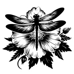 black and white flower with dragonfly - obrazy, fototapety, plakaty