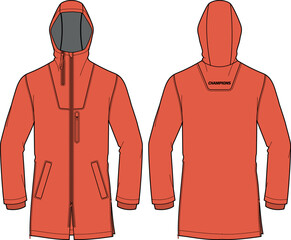 Long sleeve all condition coat Hoodie jacket design flat sketch Illustration, Hooded Parka rain coat with front and back view, winter coat for Men and women for outerwear and long weather jacket
