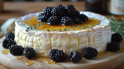 a close up of a cake on a plate with berries on the top of the cake and a bottle of booze in the background.