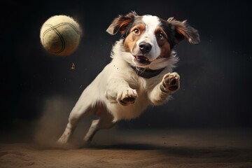 Energetic Dog catching ball. Running white pedigree playing ball. Generate ai - Powered by Adobe