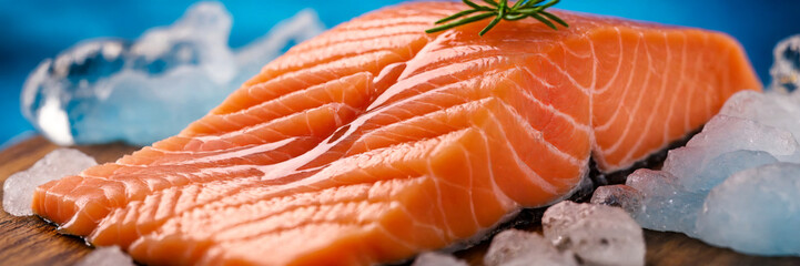 Raw salmon fillet on a cutting board with ice cubes, close-up