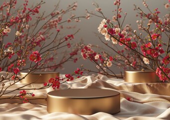 empty 3D cylinder pedestal display scene Japanese, Background full of plum and cherry blossom, Golden display podium on silk