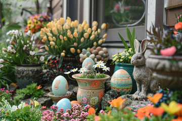 A charming Easter bunny figurine surrounded by colorful eggs and vibrant spring flowers..