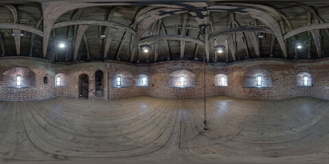 hdri 360 panorama in interior in castle tower with brick walls and wooden roof in full seamless spherical equirectangular projection - obrazy, fototapety, plakaty