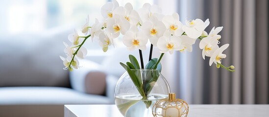 An elegant glass vase filled with white orchid flowers sits on top of a wooden table. The white...