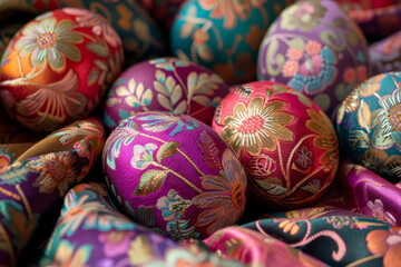 Fototapeta na wymiar Exquisite collection of ornate Easter eggs with intricate designs displayed on brass stands..