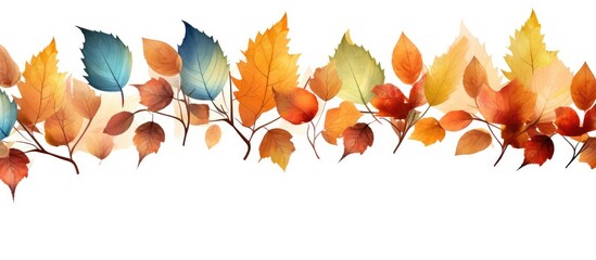 A row of vibrant autumn leaves depicted in a stunning illustration against a white background, creating a beautiful natural landscape art piece