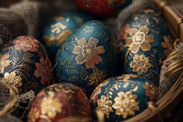 Exquisite collection of ornate Easter eggs with intricate designs displayed on brass stands..