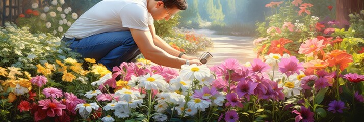 Gardener planting spring and summer flowers in his backyard, home decorating with flowers, banner - obrazy, fototapety, plakaty