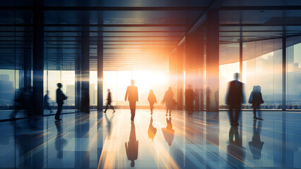 Company employee walking in business workplace in blurred motion silhouette with sunlight