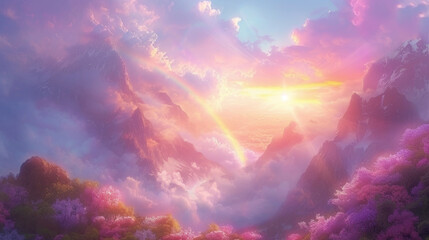 Pink clouds and mountains, surreal landscape