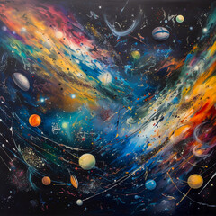 a space-themed artwork with galaxies, comets, and cosmic phenomena